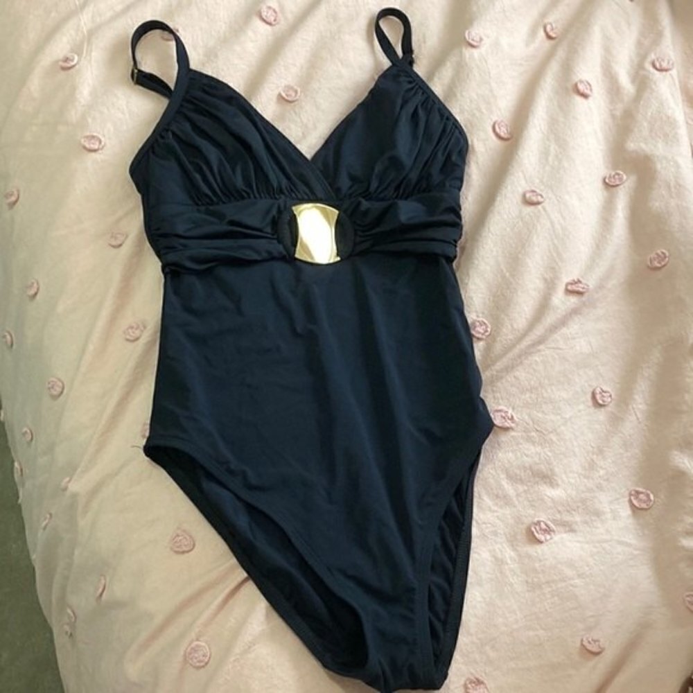 Bleu Rod Beattie Black One Piece with gold buckle detailing